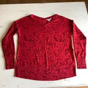 Athleta Red Swirl pattered V Neck Oversized Tunic Sweater Sweatshirt M